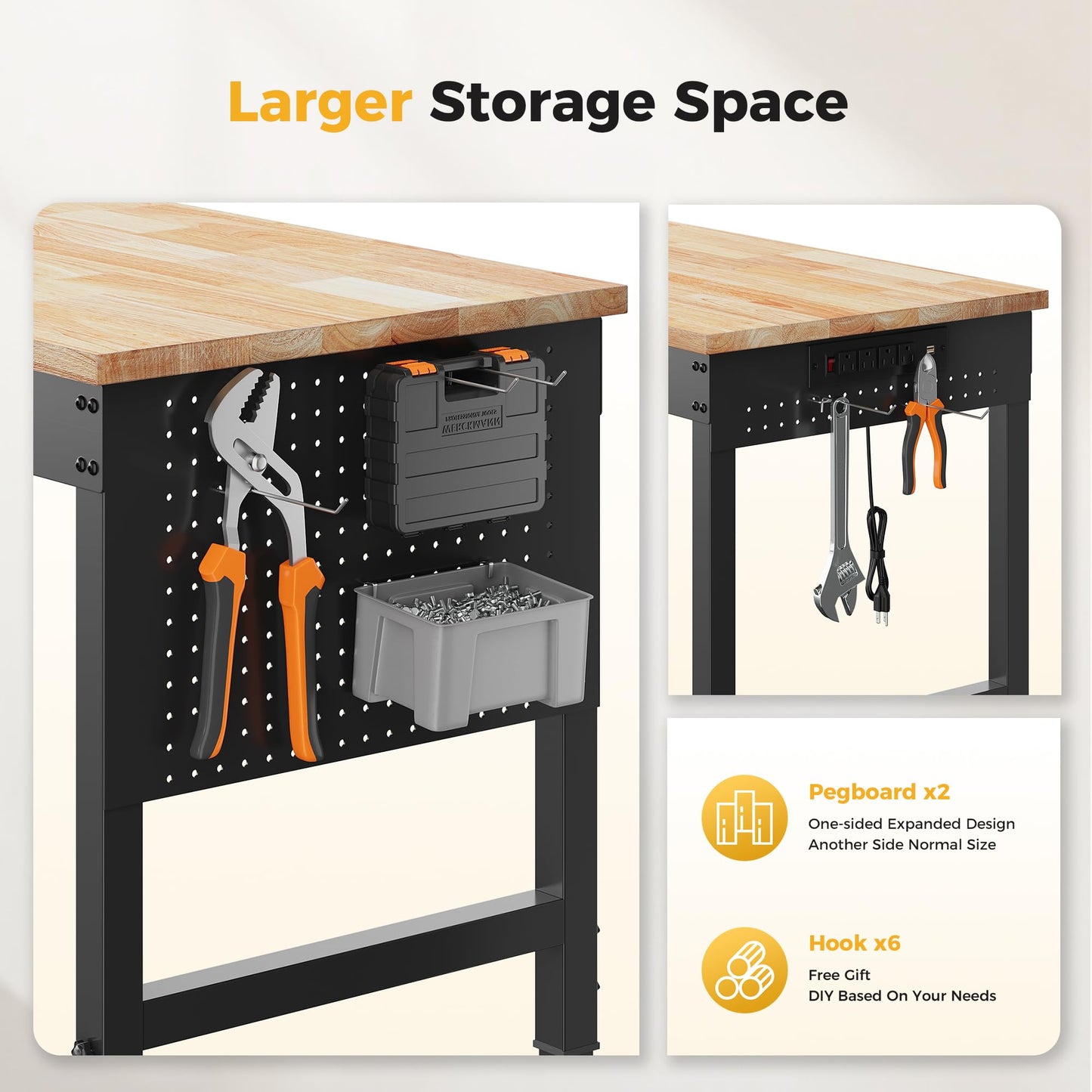 CAMMOO 96" Adjustable Heavy Duty Workbench, 2000 LBS Load Capacity Rubber Wood Work Table with Pegboard, Power Outlets, Work Bench for Garage, Workshop, Office, Home, Commercial, Ships in 2 Boxes