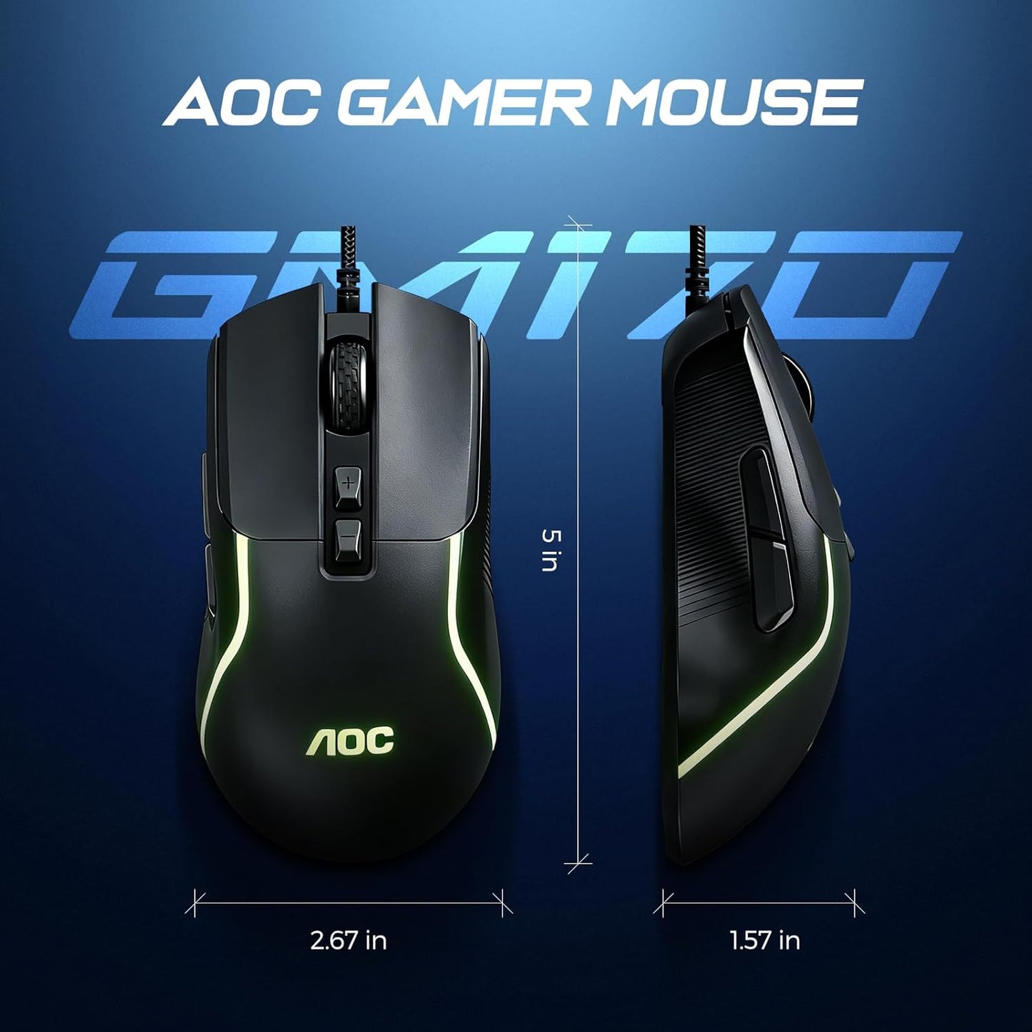 AOC 7200DPI 7 Programmable GM170 Wired Gaming Mouse, RGB Ergonomic Computer Mouse with Optical Sensor Game Corded