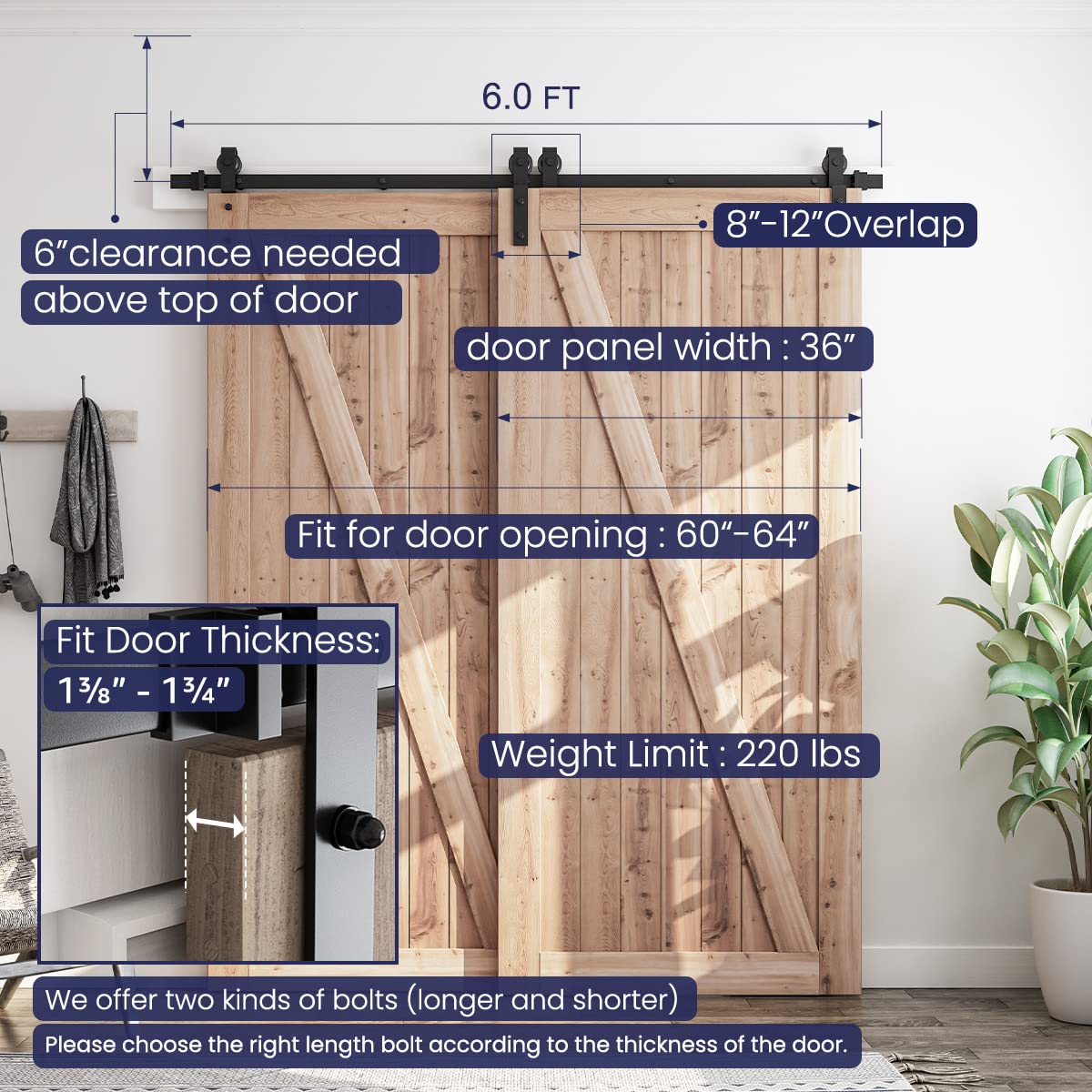 SMARTSTANDARD 6 Feet Bypass Sliding Barn Door Hardware Kit - for Double Wooden Doors-Single Track - Smoothly & Quietly - Easy to Install-Fit 60" Opening