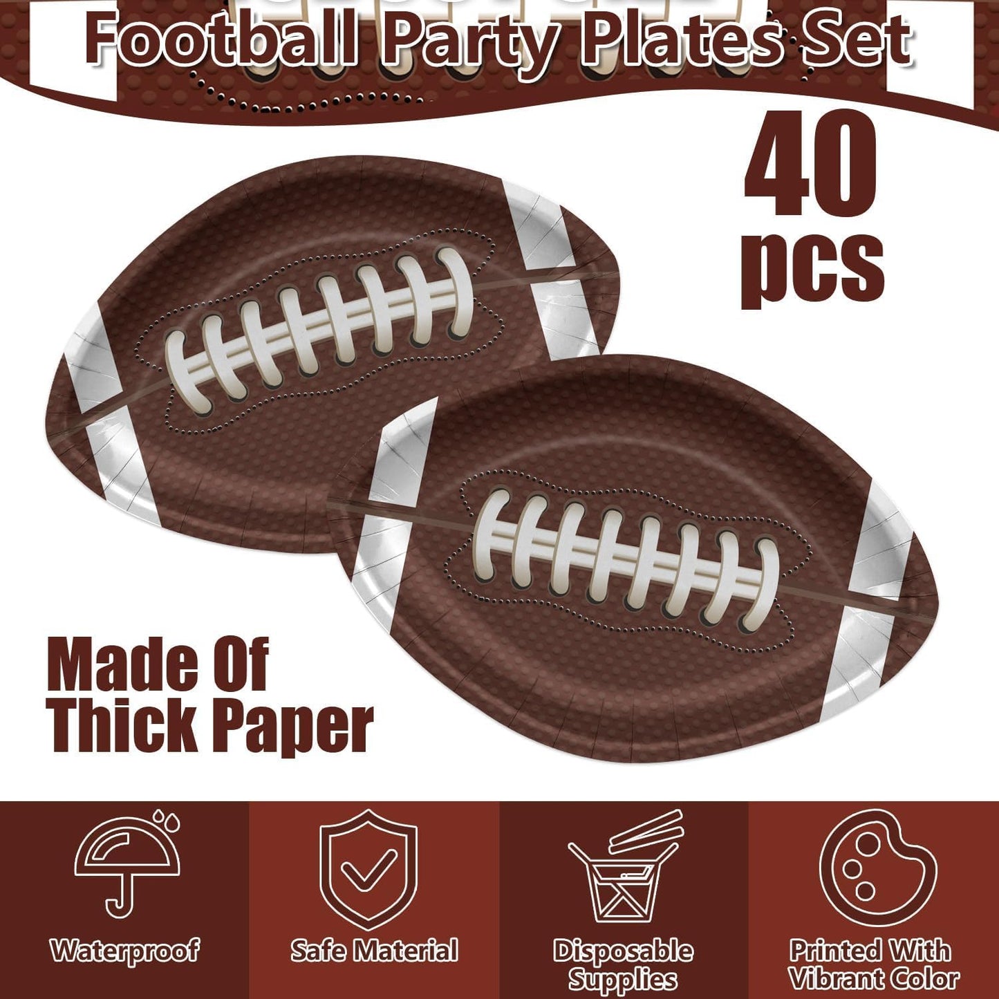 PIXHOTUL 40 Pcs Football Shaped Plates, Football Party Decorations Football Party Plates Football Disposable Paper Plates for Kids Men Football Birthday Party Tailgate Party Football Game Day (40)