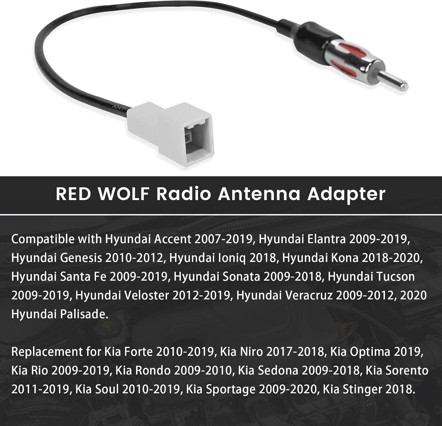 2009-2017 RED WOLF Radio Antenna Adapter for Hyundai Accent Elantra Kona, Kia Aftermarket Stereo Connector Replacement
