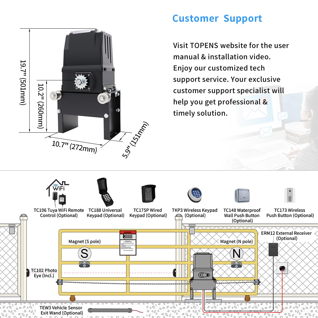 TOPENS CK2500 Automatic Sliding Gate Opener Chain Drive Electric Gate Motor for Heavy Driveway Slide Gate Up to 5700 Pounds Security Gate Operator AC Powered with 20ft Roller Chain and Remote Control