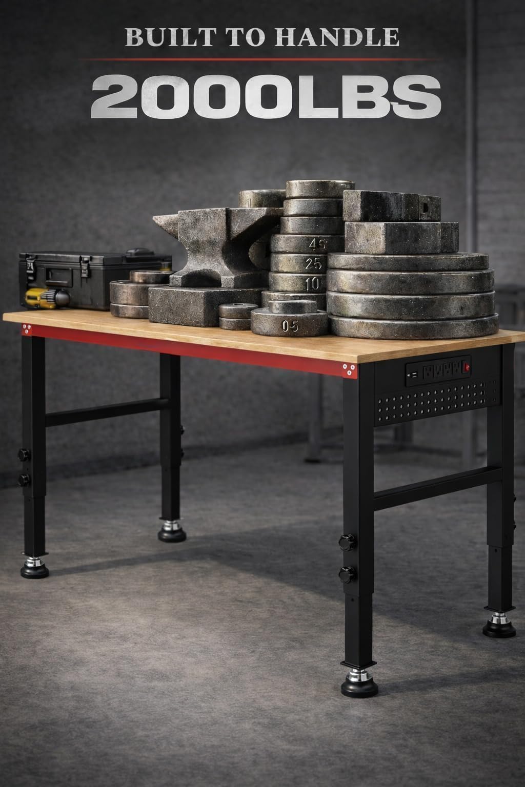 VekMax 48" Workbench with Feet, Adjustable Height Workbench with Power Strip & Pegboard, 2000LBS Load Capacity Solid Wood Top Work Table with Reinforced Steel Frame for Garage, Workshop, Office, Home