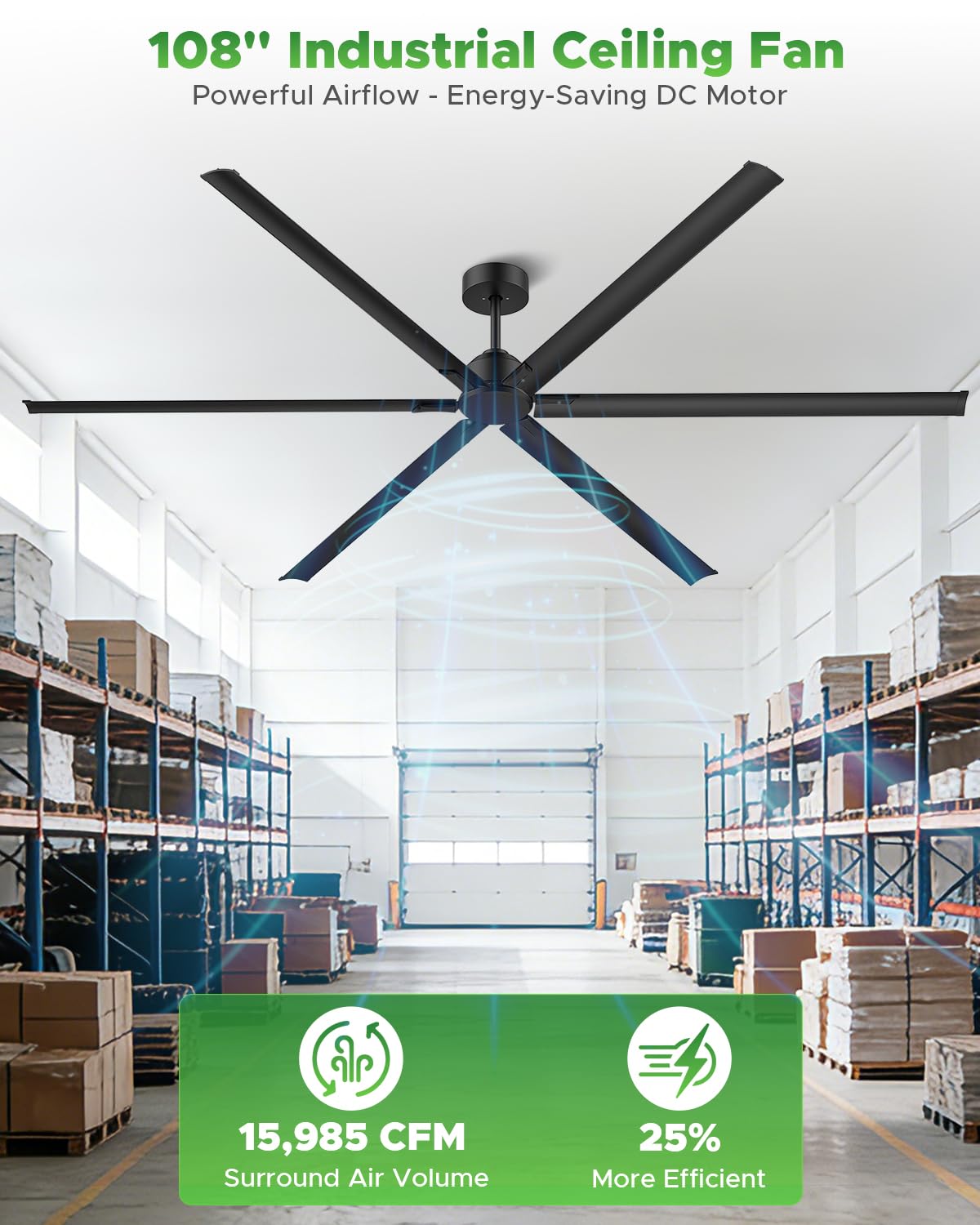 HVLS Large 108 Inch Industrial Ceiling Fan, Big Assed Commercial Ceiling Fan With Remote, Adjustable Height, 8 Blade DC Motor, Ceiling Fan Without Light, Garage Fan For Shop, Porch, Patio, Warehouse