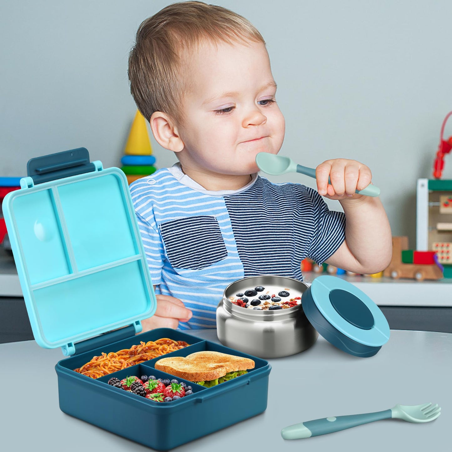 Itslife Bento Lunch Box for Kids with 8oz Soup Thermo&Lunch Bag, Leak-Proof Lunch Food Containers with 4 Compartment, Hot Food Insulated Food Jar for Kids School (Blue)