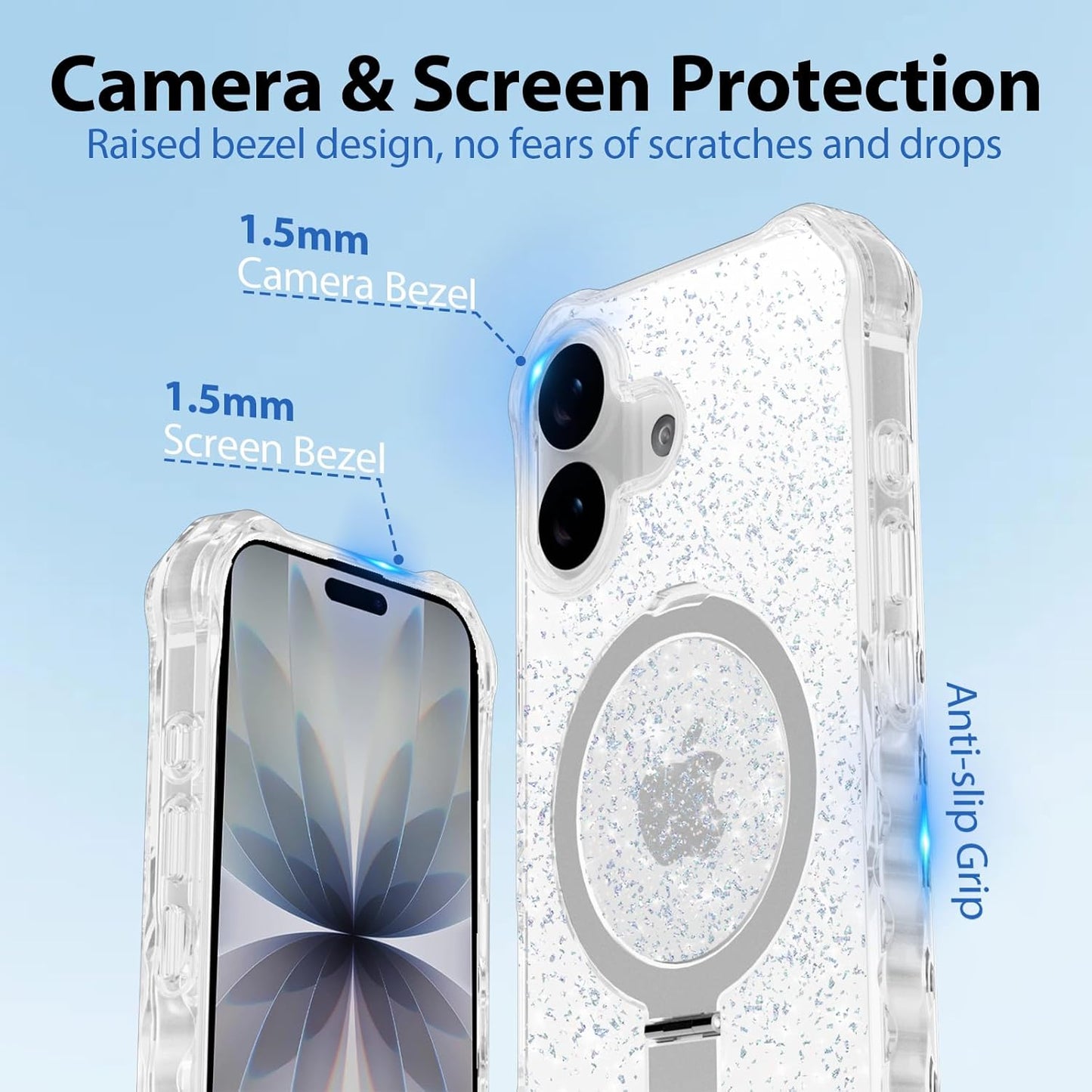 Casehas 17 6.3" Magnetic for iPhone Case with Invisible Stand, Compatible with MagSafe, Clear Bling Sparkle Shockproof