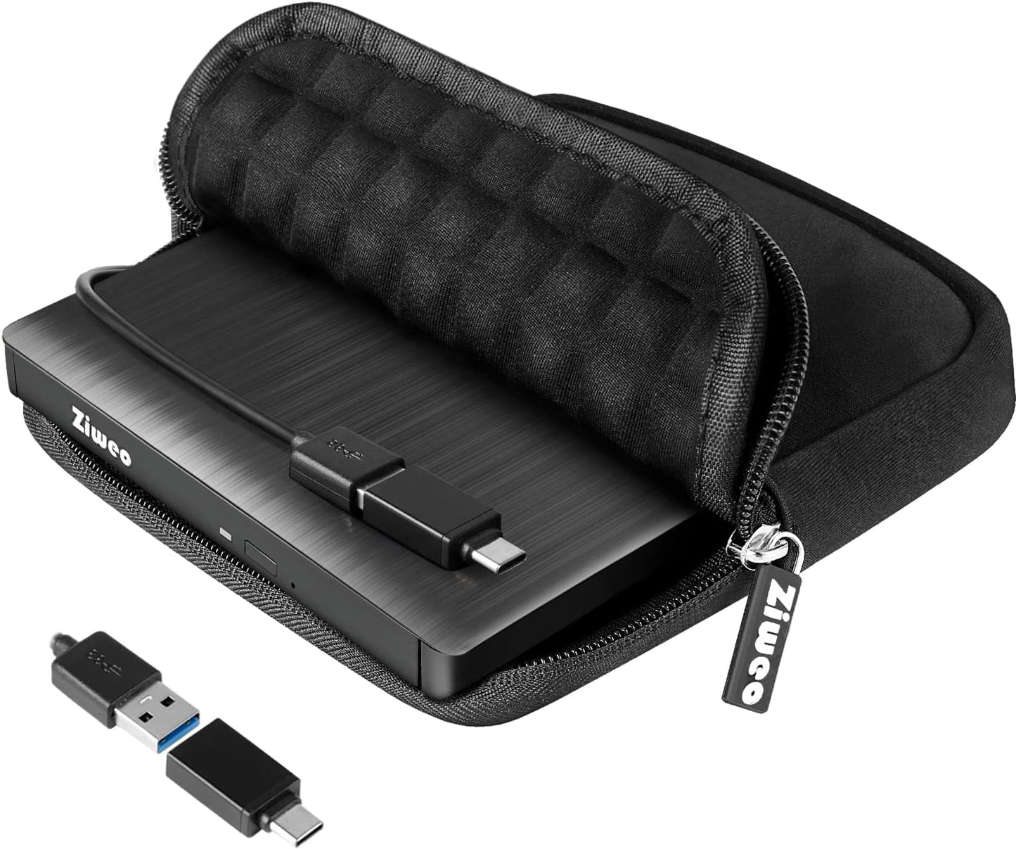 Ziweo 3.0 External USB Type-C CD DVD +/-RW Drive - Portable CD ROM Reader & DVD Burner with Protective Carrying Case