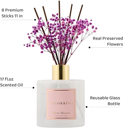 Cocorrína Reed Diffuser - Cherry Blossom Scented 17 Fl. Oz Diffuser with 8 Sticks & Preserved Flowers | Home Decor