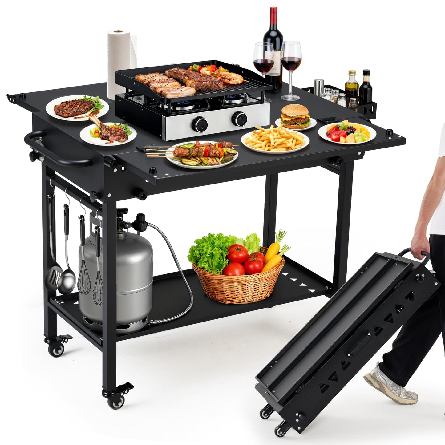 GVGBUK Portable Outdoor Grill Table with Wheels, Heavy-Duty Steel Prep Table, Folding Griddle Stand with Shelves, Bottle Opener, No Assembly Required, for BBQ, Pizza Oven, Patio