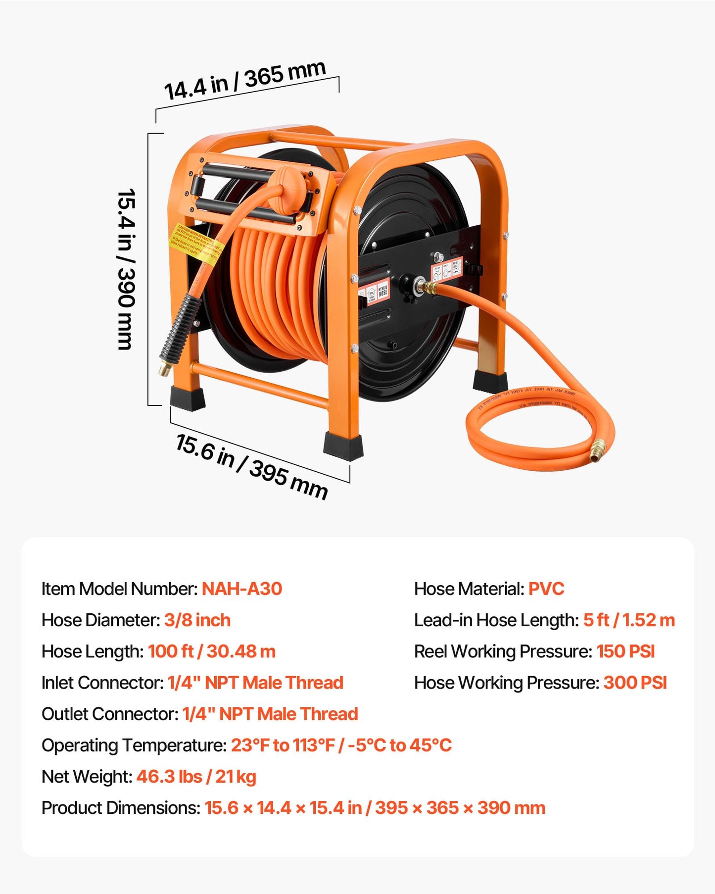 VEVOR Retractable Air Hose Reel, 3/8 Inch x 100 FT PVC Air Hose Max 300PSI, Auto Rewind Air-Compressor Hoses Reel with 5 ft Lead in, Portable Freestanding Heavy Duty Steel Reel for Garages Workshops