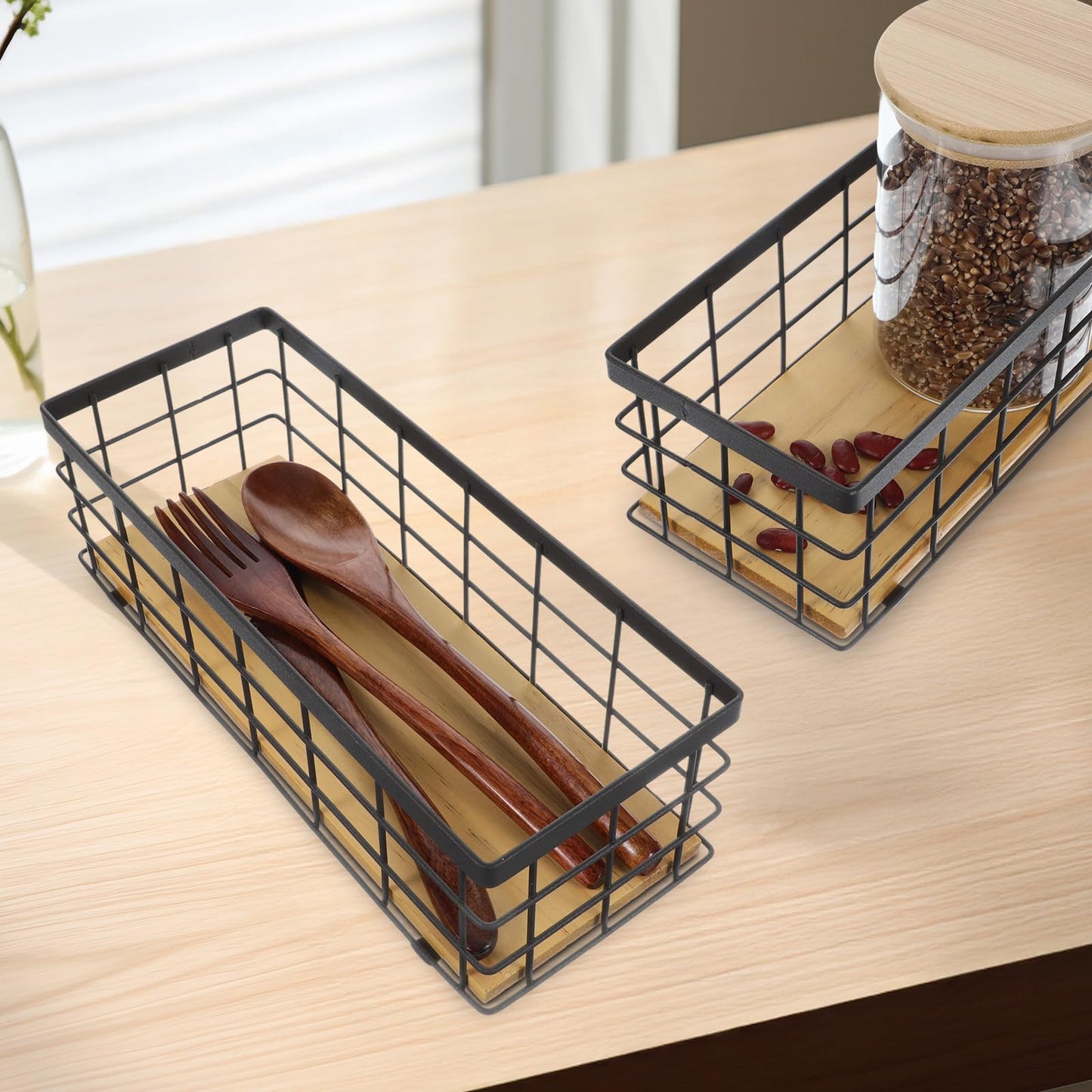 2 Pack Small Wire Baskets, Narrow Rustic Storage Bin for Bathroom Counter, Farmhouse RectangleOrganizer Tray for Kitchen Countertop, Pantry, RV, Office Decorative