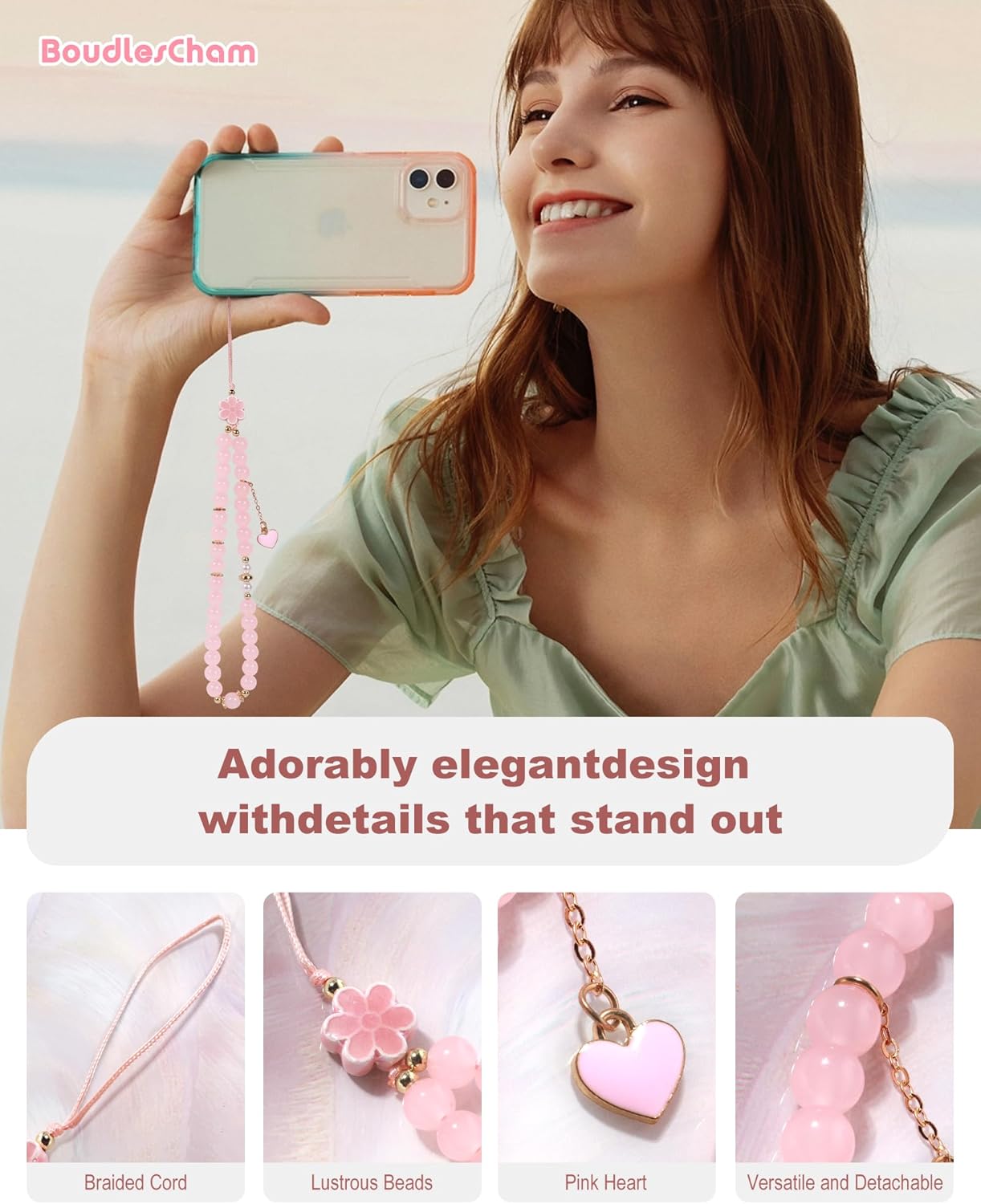 BoudlesCham Phone Charm Cute Pink Pearl Beaded Phone Wrist Strap for Women, Phone Charms Strap for iPhone Charm Strap