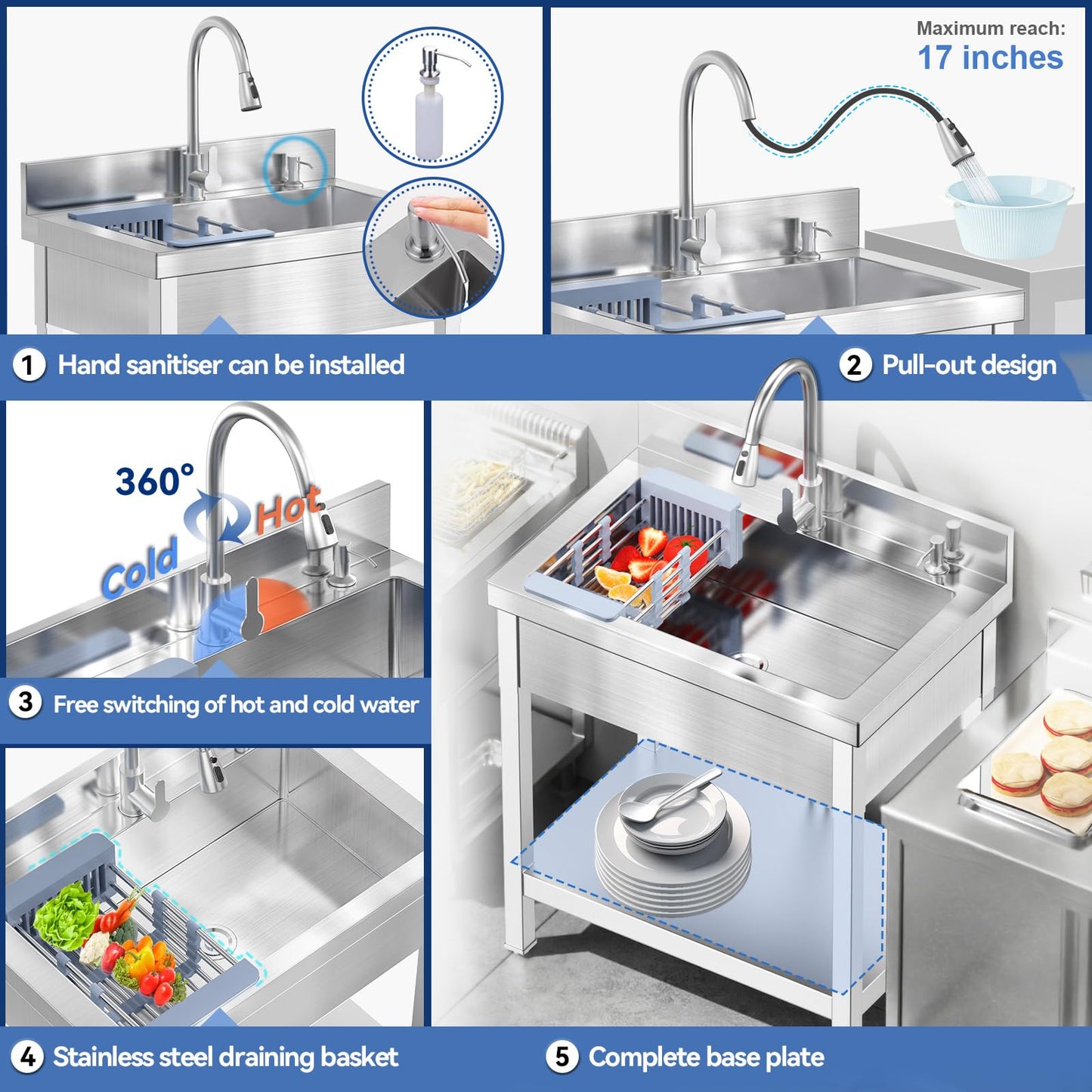 Stainless Steel Utility Sink, 28"Freestanding Sink with Retractable Cold and Hot Water Faucet,Hoses and Drain Kit for Kitchens, Bathrooms, Garage, Laundry Room,Pet Cleaning