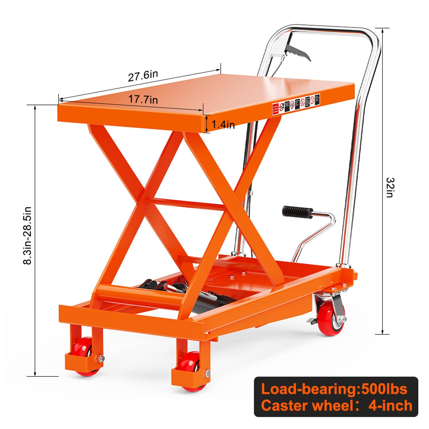 Hydraulic Scissor Lift Table Cart,500 lbs Capacity 28.5 Inch Lifting Height Portable Hydraulic Lift Cart with Wheels, Heavy Duty Lifting Platform Dolly for Material Handling