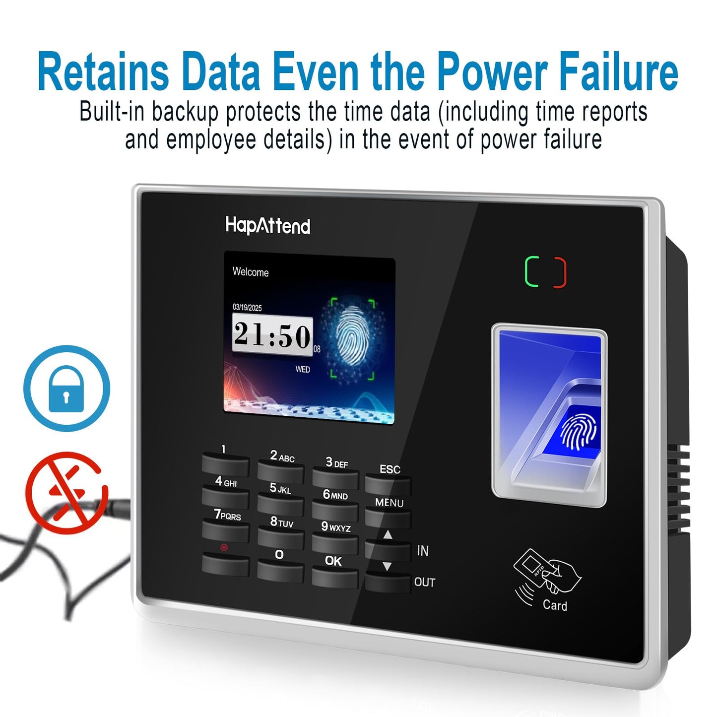 HapAttend Time Clocks for Employees Small Business Automatic Calculate Hours, H1＆H2 No Monthly Fees Fingerprint Time Clock, Standalone Biometric Clock in Machine for Employees with 5 RFID Cards