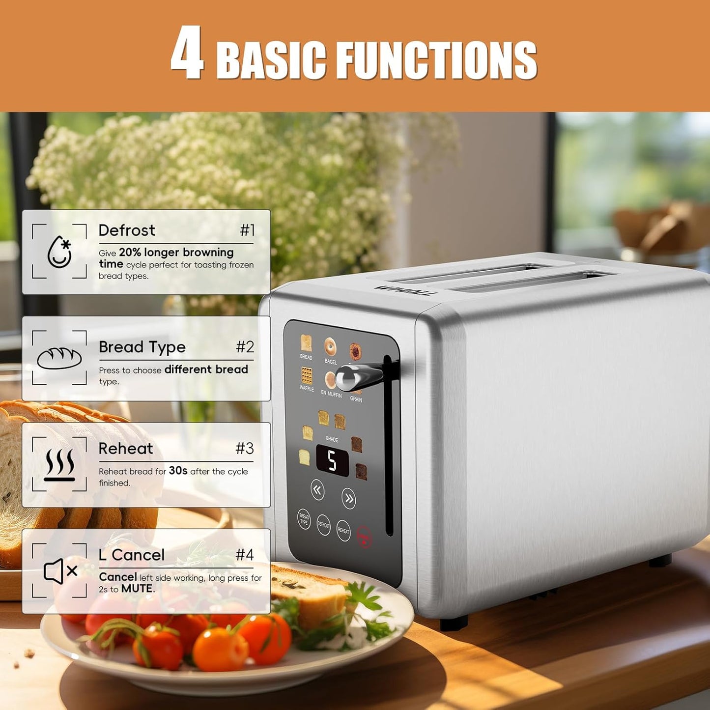 WHALL® Touch Screen Toaster - 2 Slice Stainless Steel with Digital Timer & 6 Shade Settings | Extra Wide Slots