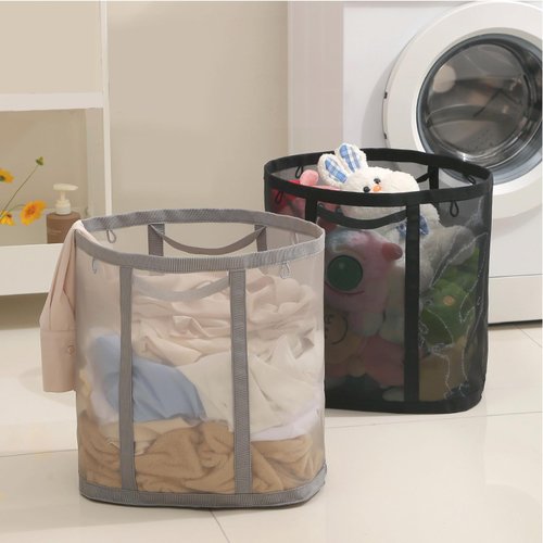 Mesh Bag with Handles, Collapsible Laundry Basket, Foldable Laundry Bag, Breathable Folding Beach Bag,Space-saving Travel Tote Bags (1, Grey)