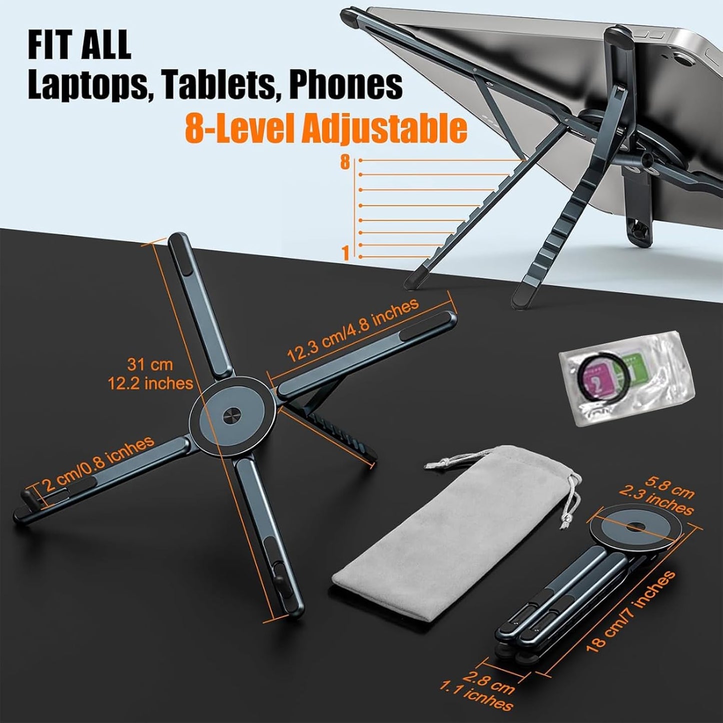 BONERUY 8 3 1 Laptop Stand for Desk, Adjustable Aluminum Alloy Magnetic Foldable Phone Stand, Level Height Adjustable