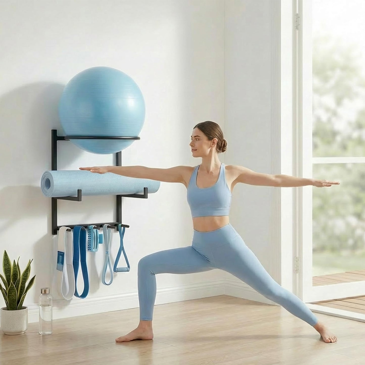 YPDiXDi Wall Mounted Yoga Ball and Mat Holder, Space-Saving Home Gym Organizer and Storage Rack Fits 55-75cm Stability Ball with 5 Hooks for Resistance Bands and Equipment