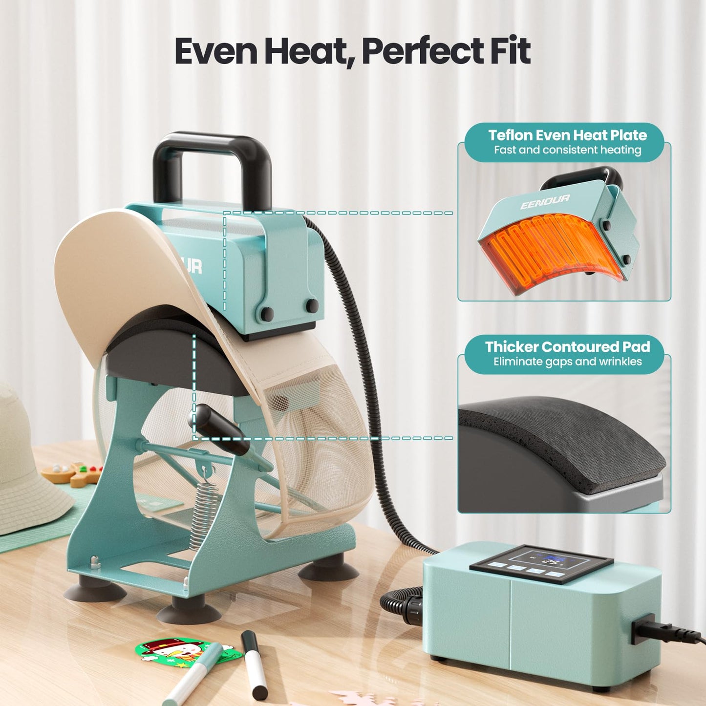 EENOUR Hat Press, Hat Heat Press Machine with 2 Platens & Caps Stretcher, Hat Press Heat Machine for Caps with Memory Mode, Precise Time and Temperature Control, Heat Transfer Printing for Caps, Hats