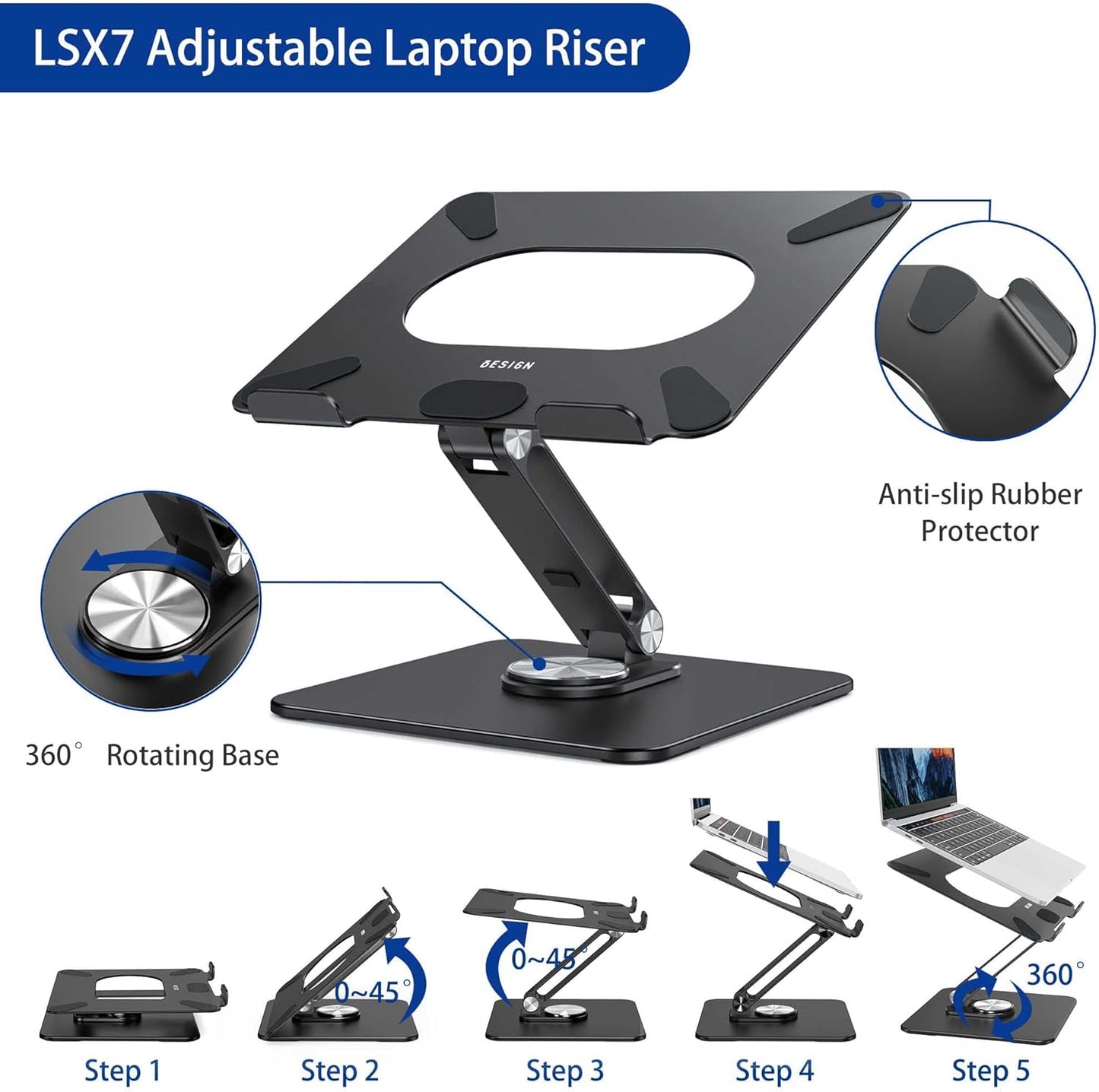 BESIGN LSX7 360 10-15.6" Laptop Stand with Rotating Base, Ergonomic Adjustable Notebook Riser, Foldable Computer Holder