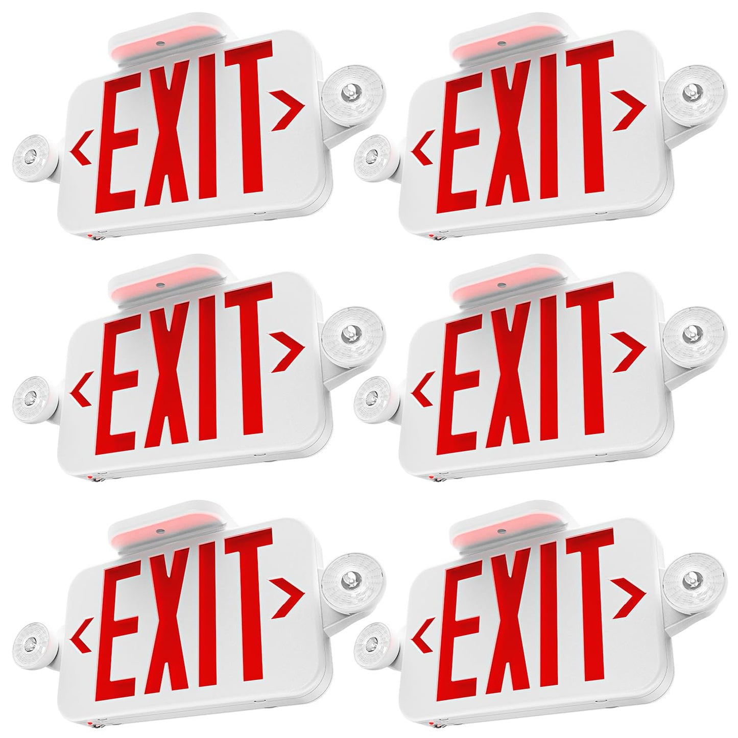 Sunco 6 Pack LED Exit Sign With Emergency Lights, Red, Two Mini Adjustable Lights, 94V-0 Fire Resistant, Backup Battery, 2.3W 6000K Daylight Deluxe, 200 Lumens 120-277V, Wall Or Ceiling Mount UL