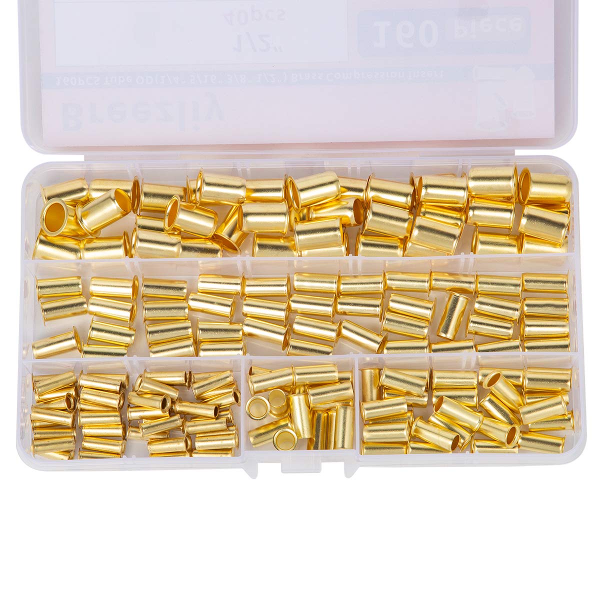 Breezliy 160pcs Tube OD(1/4" 5/16'' 3/8" 1/2") Brass Compression Insert,Brass Compression Fitting Assortment Kit, Insert Tube Support Compression Sleeve Fitting
