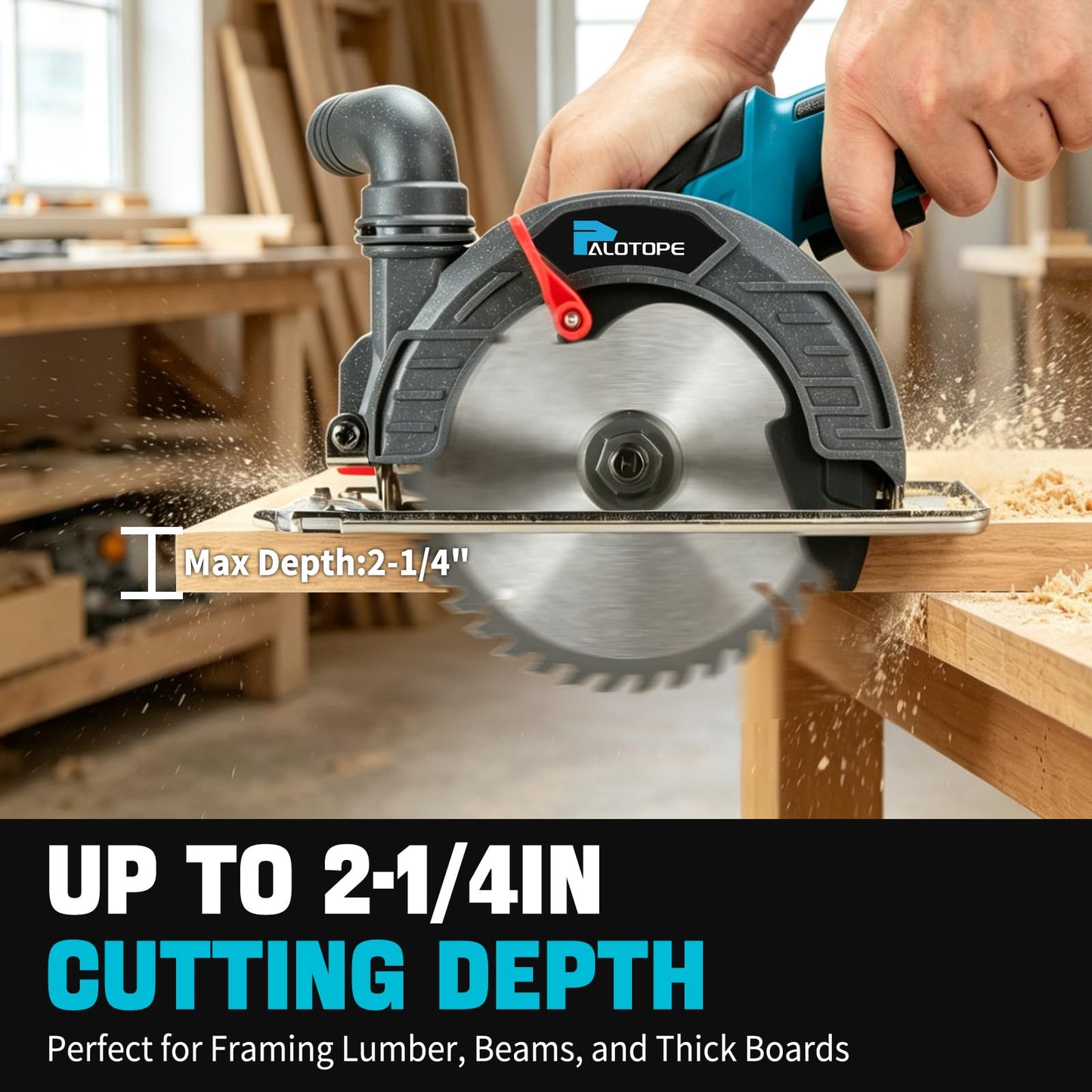 Palotope 6" Cordless Circular Saw,6900 RPM Power Wood Saw with 2 X 6.0Ah Batteries, 6" Alloy Blade, 2.2"(90°)1.5"(45°) Max Cutting Depth,Portable Table Saw for Wood,Home Renovation