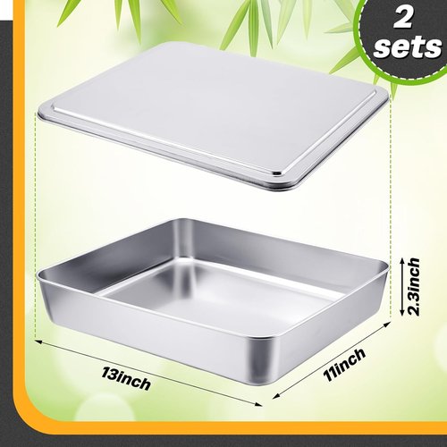 Funnymoom Stainless Steel Cake Pan Set - 11 x 13 Inch Rectangle Bakeware with Lid | Dishwasher Safe