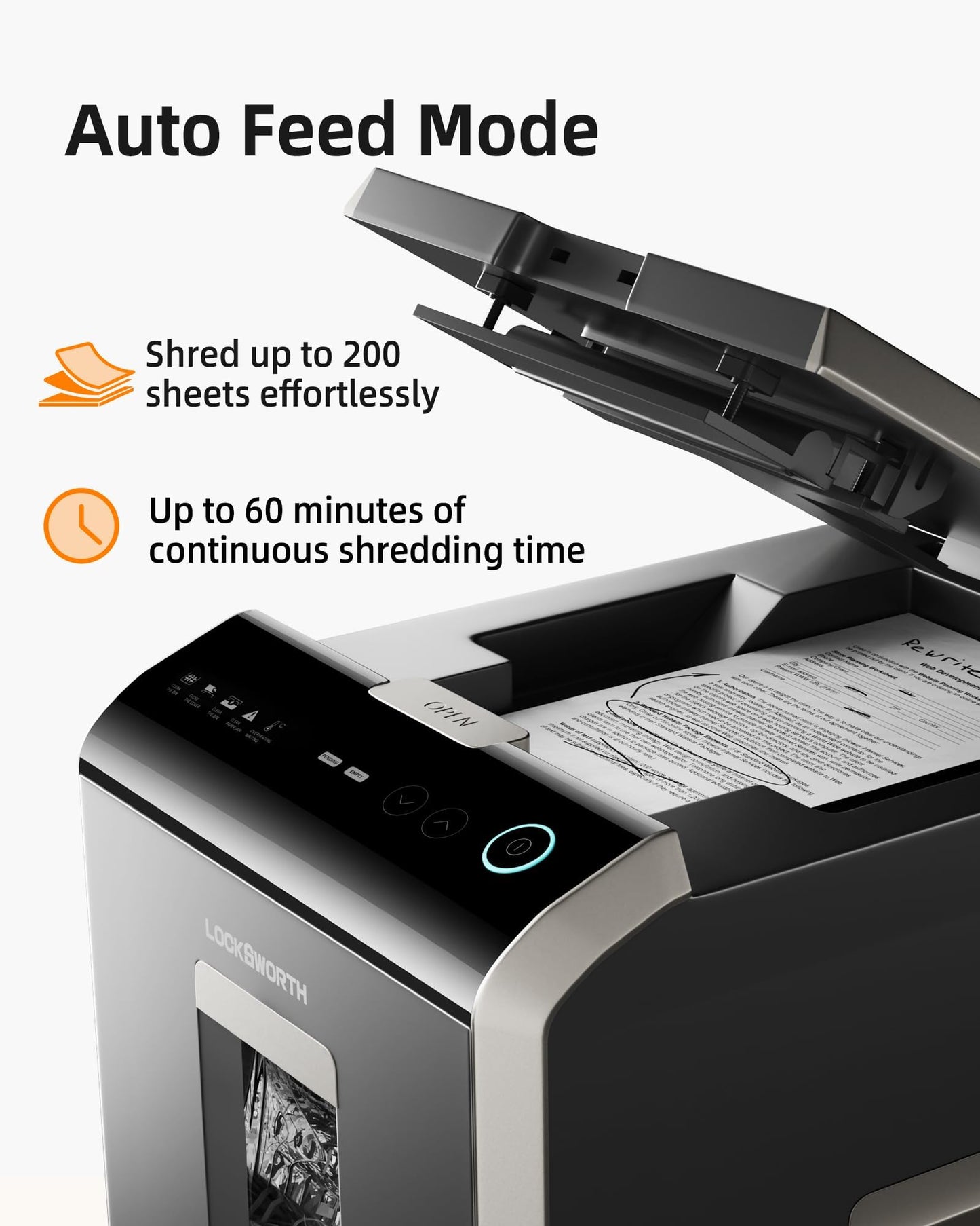 Locksworth Heavy Duty Micro-Cut Paper Shredder: 200-Sheet Auto Feed/10-Sheet Manual Feed, P-5 High Security, 8.5 Gallon Bin with Casters for Home Office