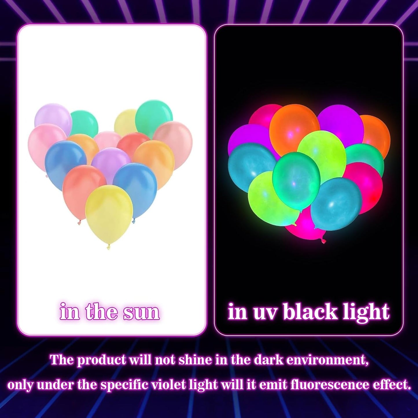 Skiennix UV Neon Balloons - 100 Pcs Glow in the Dark Party Decorations | Blacklight Reactive Fluorescent