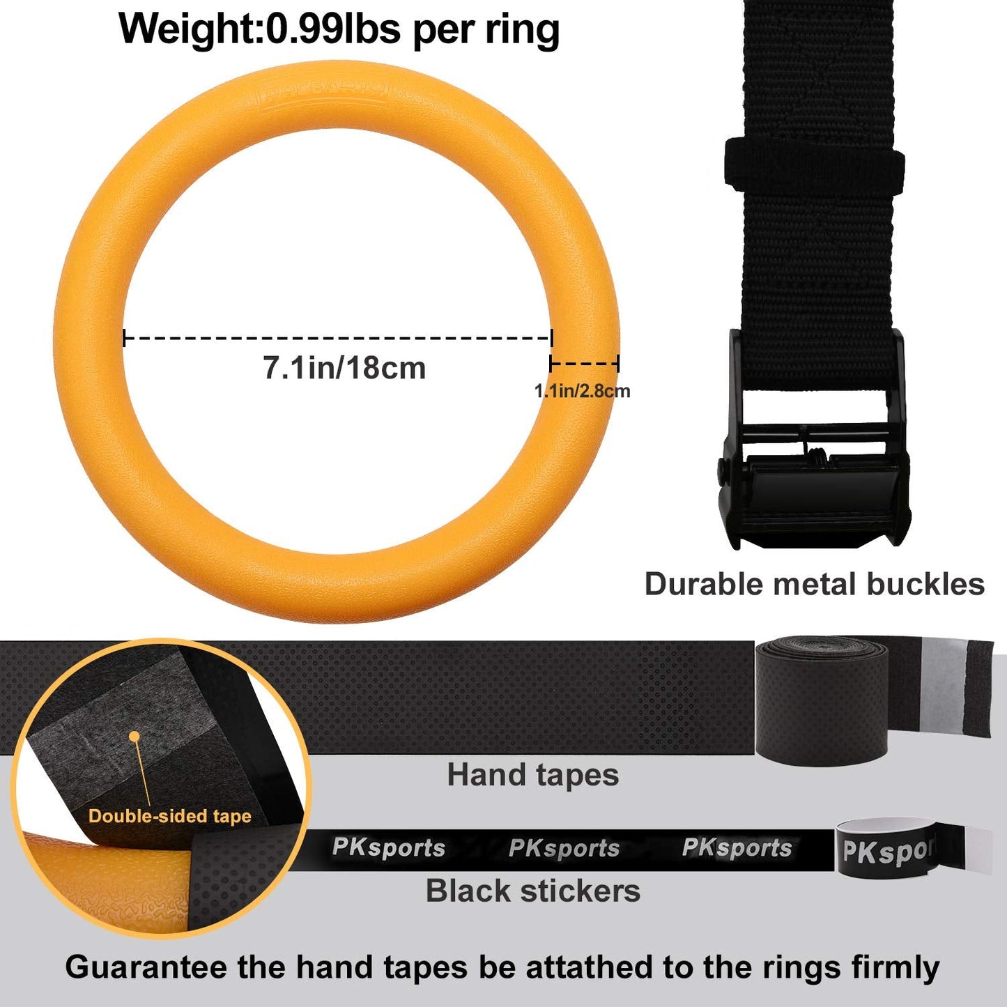 PACEARTH Gymnastic Rings Orange/Green/Red/Black/Grey 1100lbs Capacity with 14.76ft Adjustable Buckle Straps Pull Up Exercise Rings Non-Slip Rings for Home Gym Full Body Workout (Yellow)