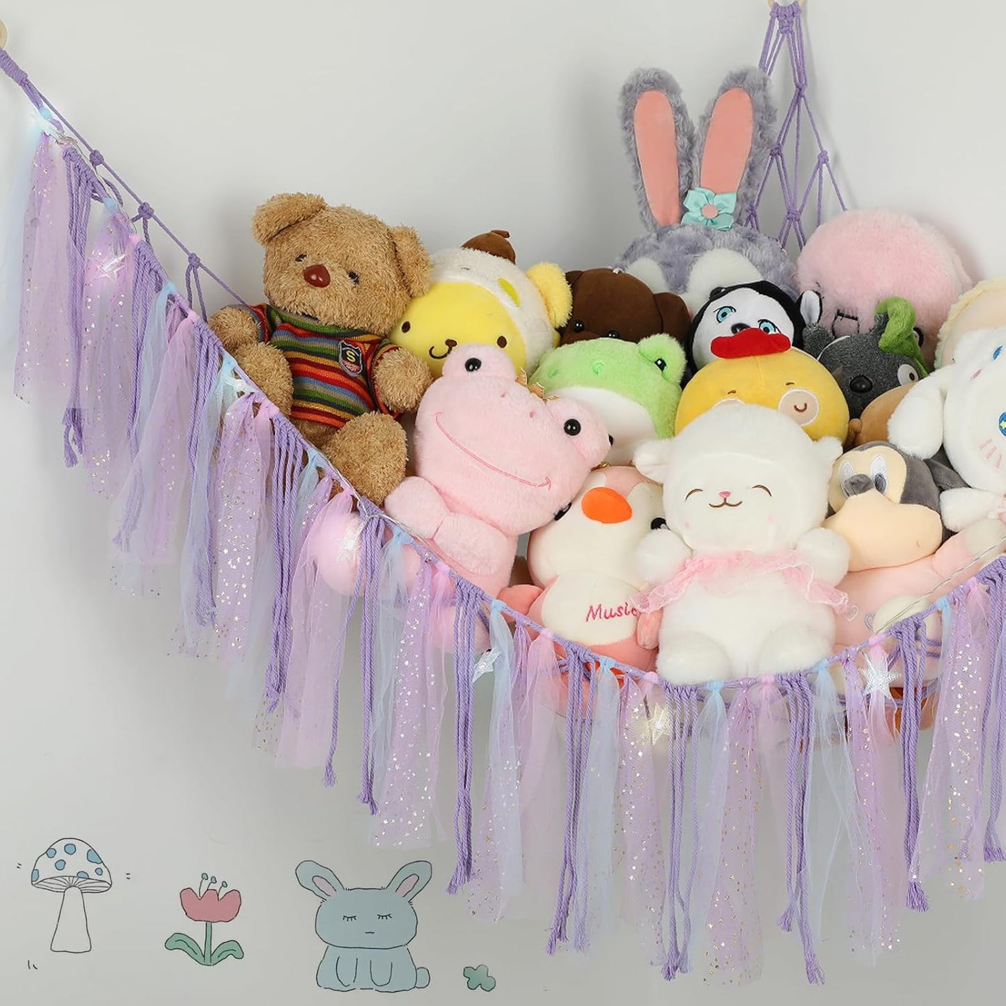 Skiennix Stuffed Animal Hammock with LED Lights - 59-Inch Plush Toy Storage Net for Kids' Rooms | Handwoven Purple Decor