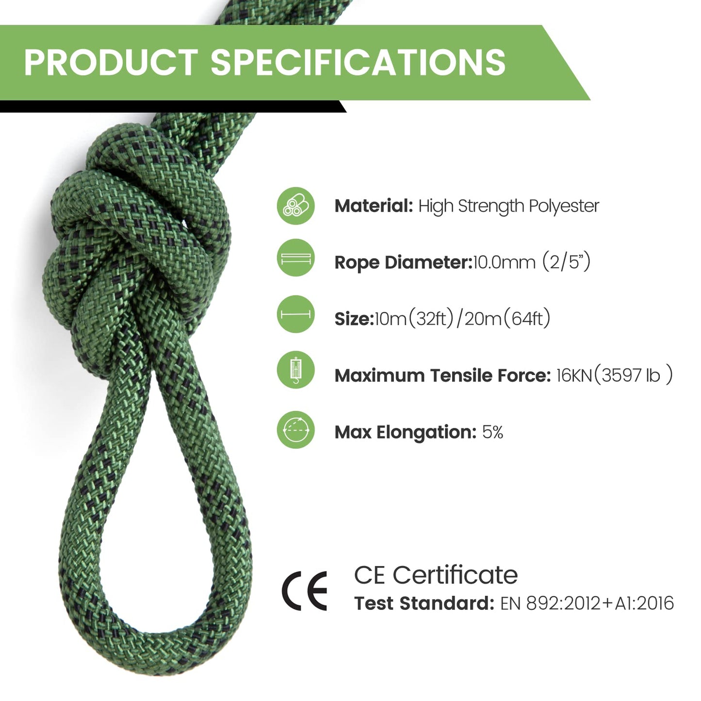 Static Climbing Rope 10M(32ft) 20M(65ft), 10mm Outdoor Rock Climbing Safety Rope Arborist Tree Climbing Rope, Escape Rappelling Tree Pulling Swing Sailing Fire Rescue Parachute Rope, Army Green