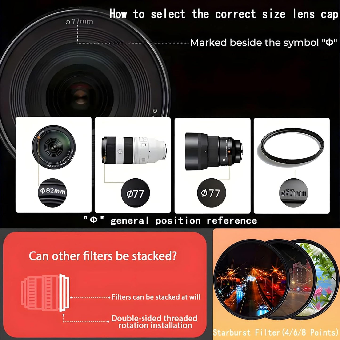 YOFOTIXAUU 37mm (3pcs) 4 6 8 Set, (37mm) Star Filters Kit Points Cross Screen Starburst Filters Lens Cap & Cleaning