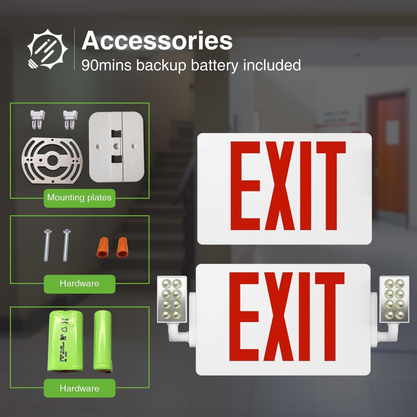 FREELICHT 6 Pack LED Double-Sided Exit Sign with Emergency Lights, Adjustable LED Emergency Exit Lights with Battery Backup, Hard Wired, UL Certified, AC 120/277V