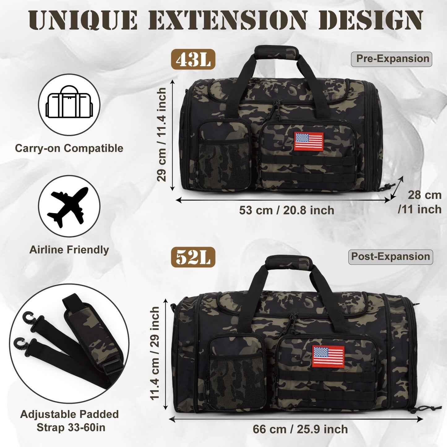 Tactical Duffle Bag For Travel Expandable 52L Large Duffle Bag For Men Gym Duffel With Wet Pocket Multi-Functional Carry On Bags Weekender Overnight Bag Organizer Duffel Bag For Travel