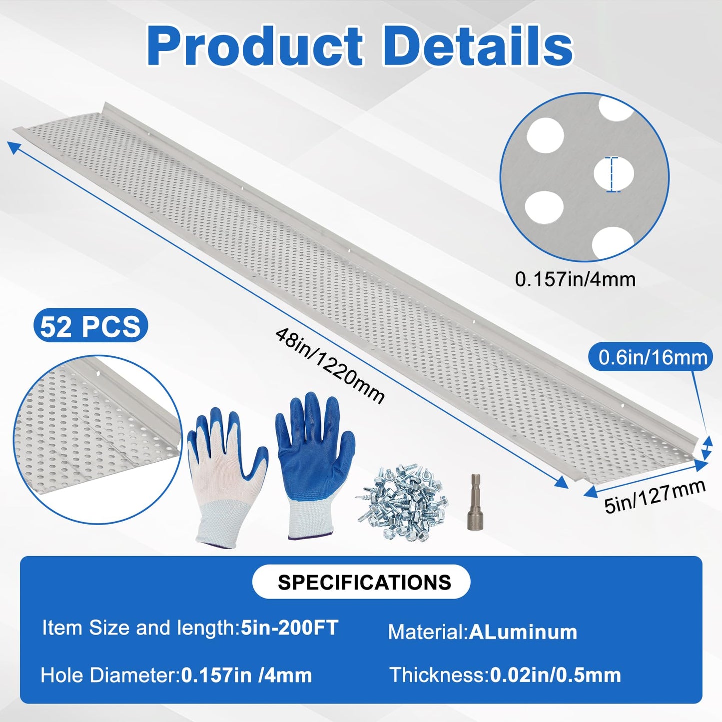 5 Inch Gutter Guard – (Mill Finish，52 PCS-200 Feet Total Length) Premium Aluminum Leaf Protection for Roof Gutters, Heavy-Duty DIY Easy Install, Clog Prevention for Leaves & Debris