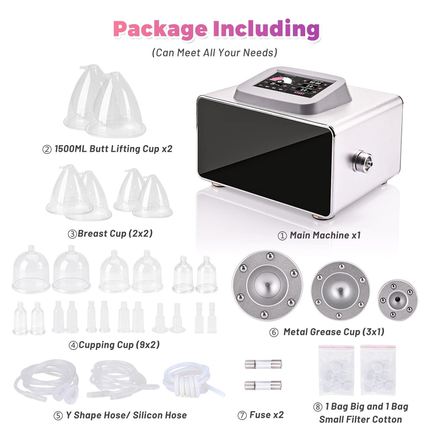 Meifuly Vacuum Therapy Machine with 1500ML Large Cups, Vacuum Cupping Machine, Vacuum Cupping Therapy Sets with 24 Vacuum Cups and 3 Pumps, 0-60 cmHg