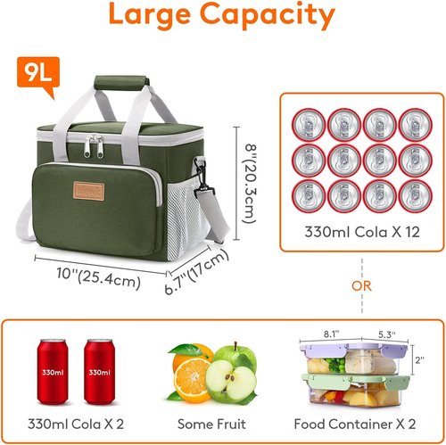 Lifewit Insulated Lunch Bag - Soft Cooler Tote for Adults | 12-Can Capacity, Gray and Green
