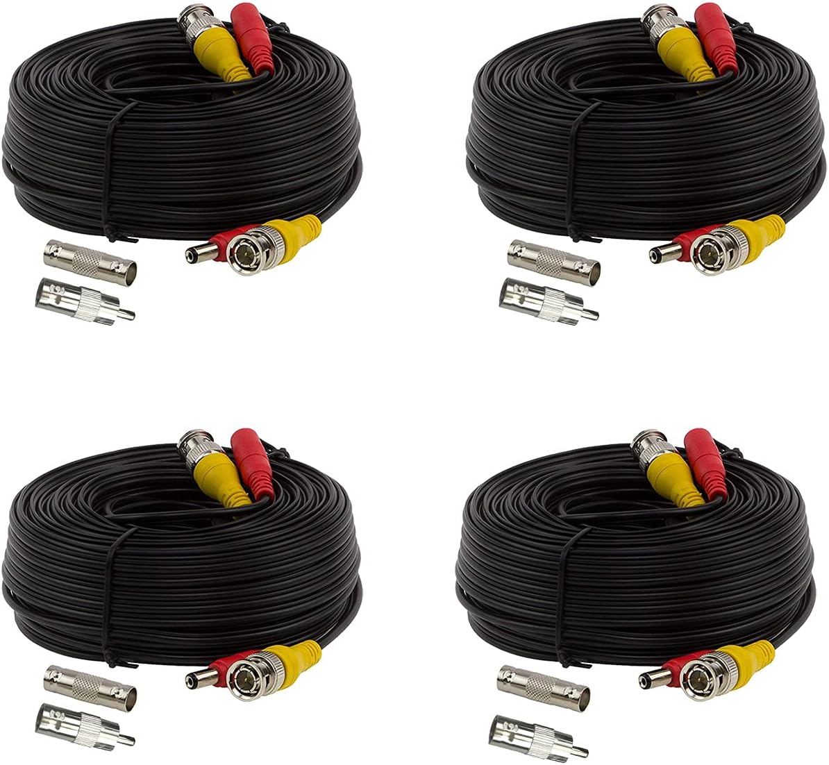 4 Pack 60Ft Bnc Video and Power Cables, All in One Extension Cables for CCTV Camera DVR Security Systems, Includes BNC