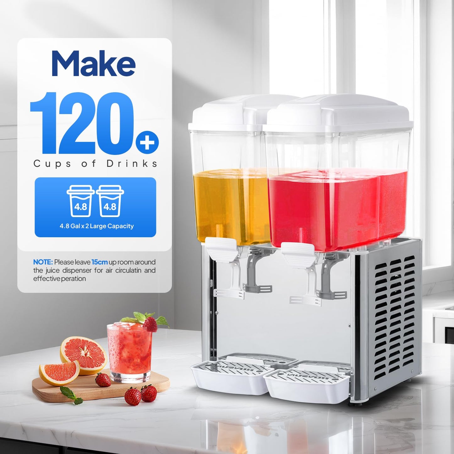 ROVSUN 9.6 Gallon/36L Commercial Beverage Dispenser Drink Dispenser, 18L X 2 Tanks Commercial Juice Dispenser Stainless Steel with Thermostat Controller for Home Restaurant Bar Party 110V/60HZ