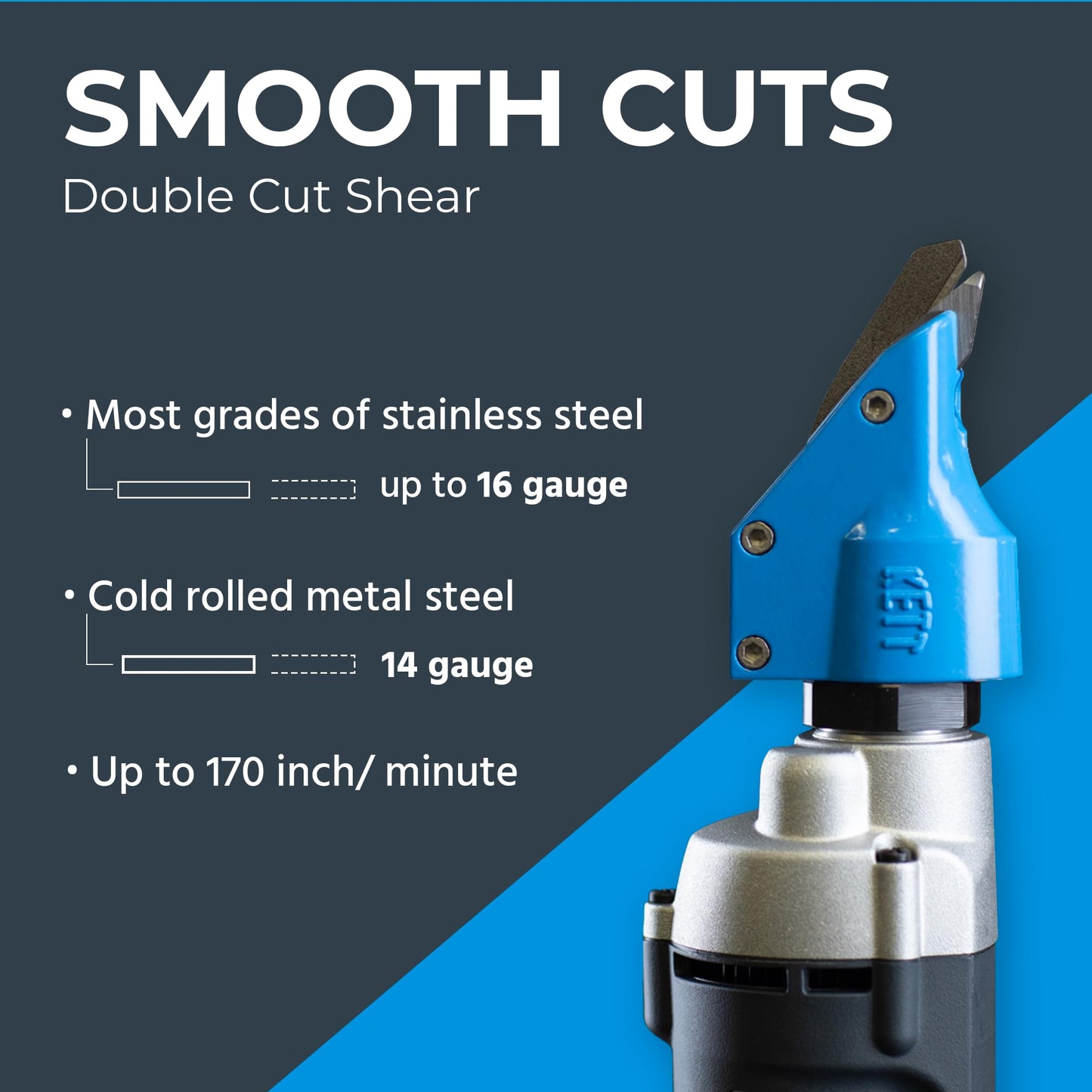 Kett KD-440 14-Gauge Double Cut Shear, 2500 RPM, A-2 steel blades, Metal Cutter Tool, Electric Shear, For Metal Fabricators, Automotive, HVAC