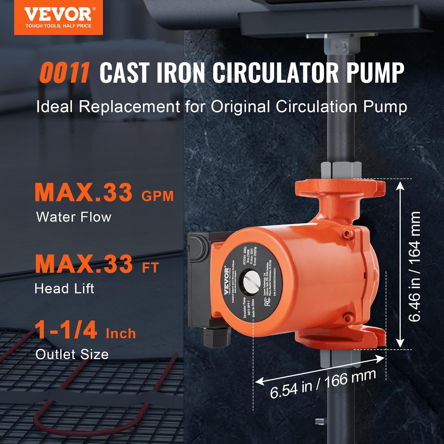 VEVOR 0011-BF4-J Cast Iron Circulating Pump, 33 GPM Hot Water Circulation Pump, 1-1/4" NPT Flange 3-Speed Circulator Pump, Quiet Operation Circulator for Floor Heating/Home Water Heater System