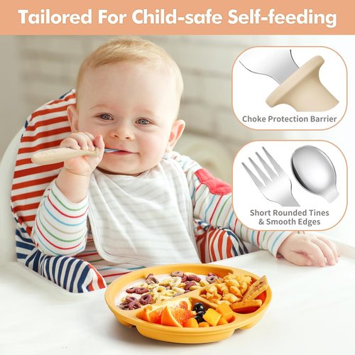 DRKIO Toddler Utensils Set - 8-Piece Kids Silverware with Silicone Handles | Safe 18/8 Stainless Steel