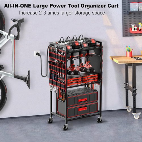 JUNNUJ Power Tool Organizer Cart - Heavy-Duty Rolling Storage with Charging Station & 8 Outlet Power Strip - Red