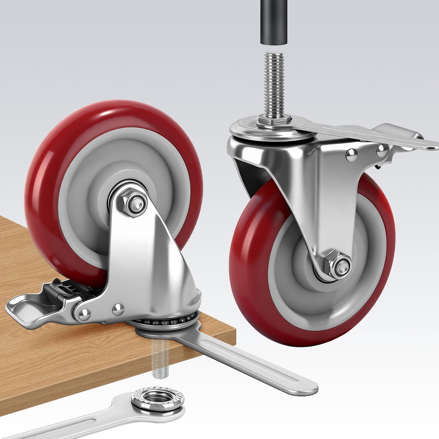 Caster Wheels, 5 Inch Locking Swivel Caster, 1/2"-13 x 1 (Screw Diameter 1/2", Screw Length 1.5") Threaded Stem Casters Set of 4 Heavy Duty,Industrial Castors Wheels for Cart,Furniture and Workbench