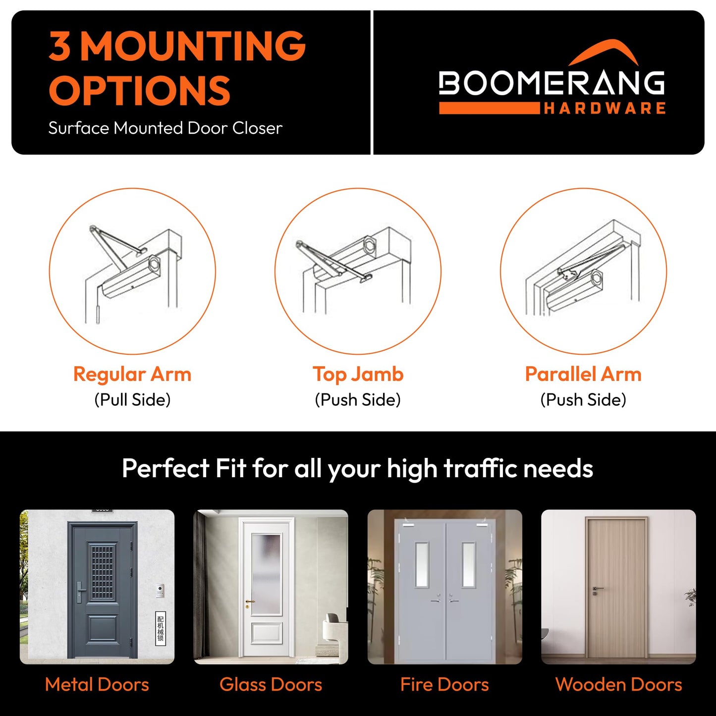Boomerang Heavy Duty Designer Automatic Commercial Door Closer - D8016-Surface Mounted, Grade 1, Cast Aluminum, UL 3 Hour Fire Rated & ADA for high Traffic doorways, Matte Black (US19)