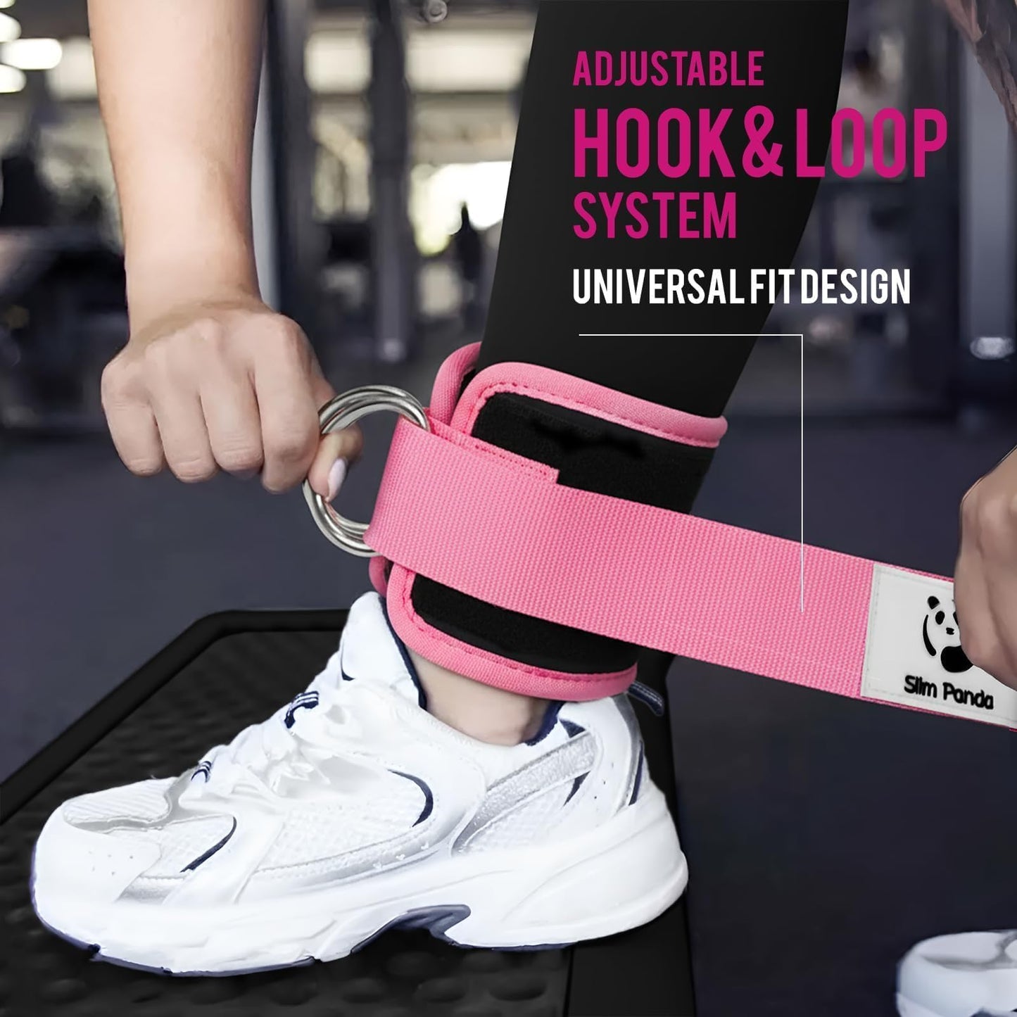 Slim Panda Ankle Strap for Cable Machine,Ankle Cuff for Kickbacks, Booty Hip Abductors,Glute Workouts, Leg Extensions, Curls for Men and Women, Adjustable with Double D-Rings (Pair, Pink)