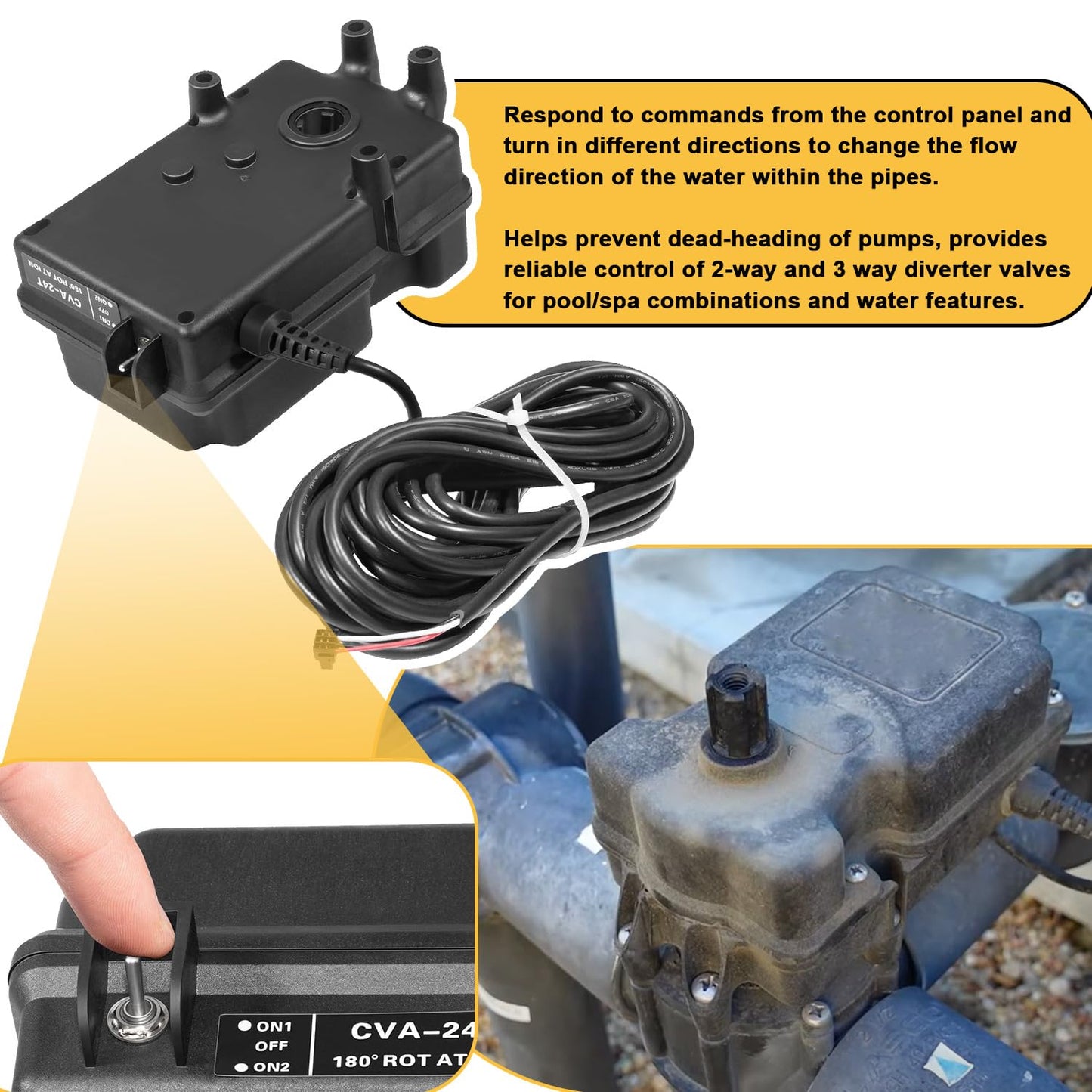 mooncar CVA-24T Valve Actuator fit for All 24VAC Control Systems,Replacement for Pentair 263045 Valve Actuator,for 2 or 3 Port Valves,24 Volt AC, 180 Degree Rotation, 3-Wire, 25-Feet